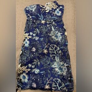 Floral Sequin Blue Strapless Dress